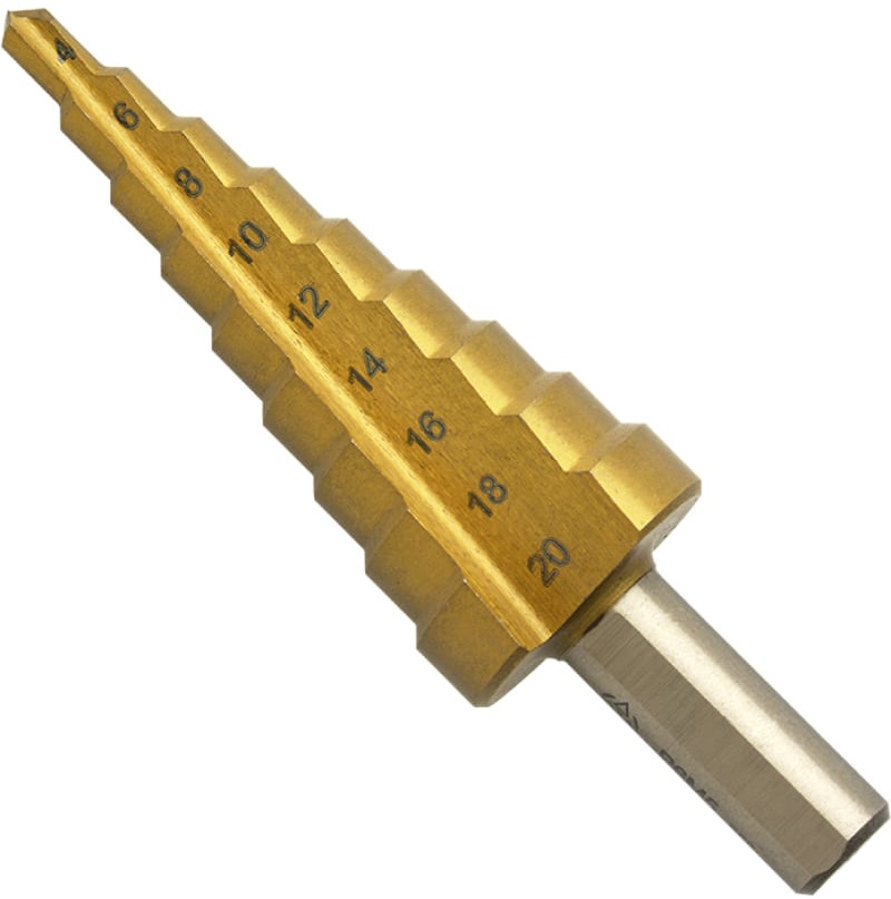 Сверло по металлу ступенчатое 4-20 мм Р6М5 TiN Волжский инструмент 5038003, в пластиковой упаковке - фото