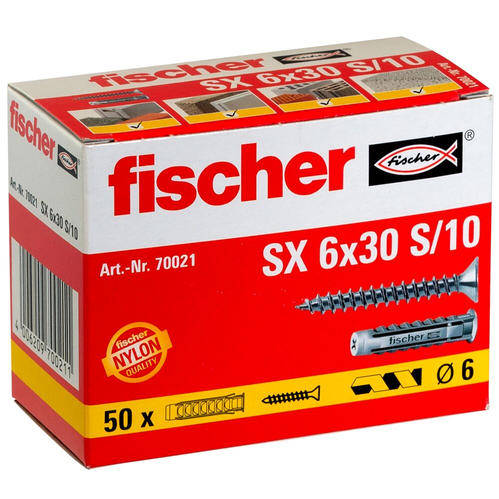Дюбель SX 6x30 S/10 Fischer 070021 с кромкой и потайным шурупом, нейлон - фото