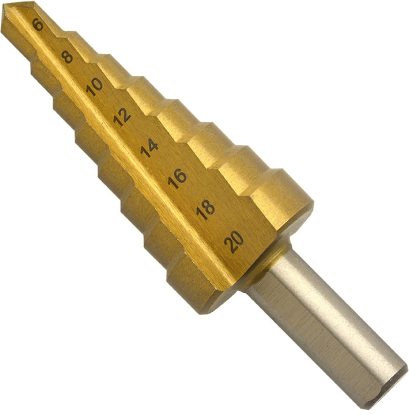 Сверло по металлу ступенчатое 6-20 мм Р6М5 TiN Волжский инструмент 5038005, в пластиковой упаковке - фото
