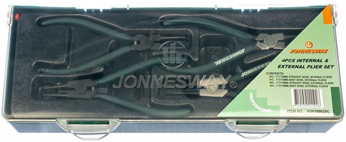Набор щипцов для стопорных колец в ложементе с пластиковой крышкой, 4 предмета Jonnesway AG010002SC - фото