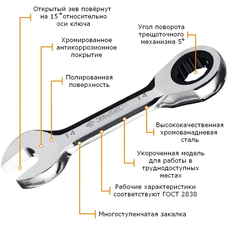Набор комбинированных трещоточных укороченных ключей трещоточных укороченных 8-14 мм, ЗУБР 27103-H5, 5 штук - фото
