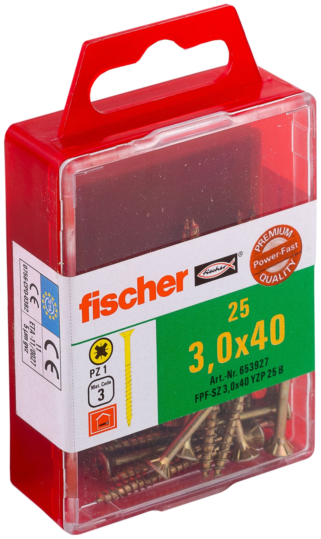 Саморез потай 3х40 мм Fischer FPF-SZ YZP 653927, неполная резьба, желтый цинк (25 шт) - фото