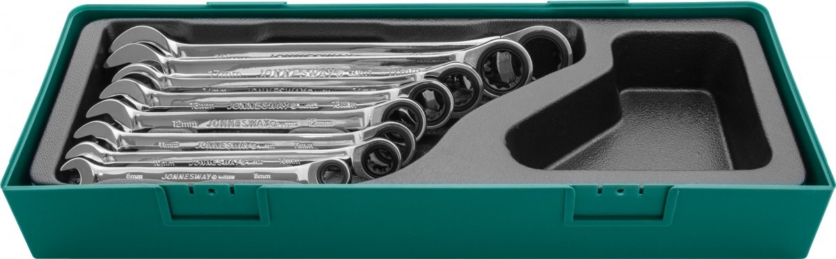 Набор ключей гаечных комбинированных трещоточных в ложементе, 8-19 мм, 8 предметов Jonnesway W45308S - фото