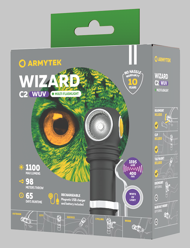 Мультифонарь светодиодный Armytek Wizard C2 WUV Magnet USB F08901UF, 1100 люмен, 1595 мВт, белый/ультрафиолетовый свет - фото