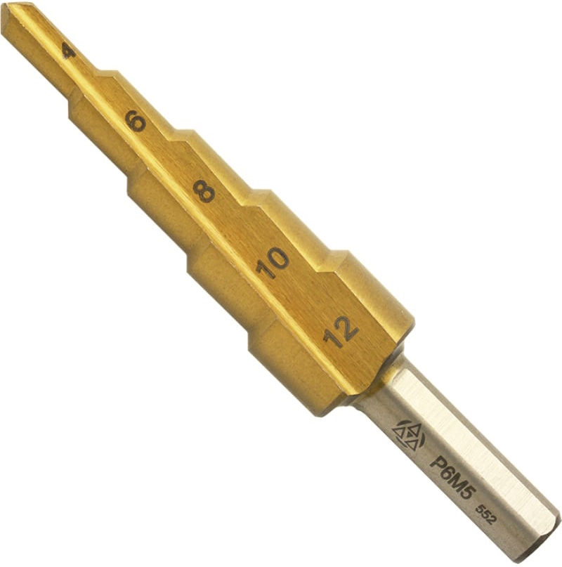 Сверло по металлу ступенчатое 4-12 мм Р6М5 TiN Волжский инструмент 5038001, в пластиковой упаковке - фото
