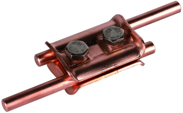 Параллельный соединитель проводников одинакового диаметра, с двумя болтами,  Rd=7-10 мм DEHN 307007, медь/нержавеющая сталь - фото