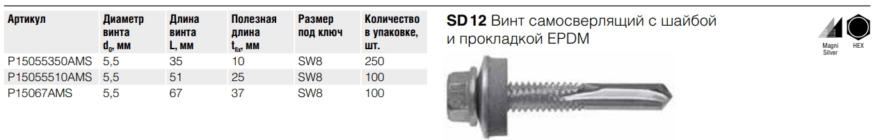 Винт самосверлящий по металлу 5,5х51 мм, с шайбой EPDM, SD 12 Fasty P15055510AMS, RAL 5012 голубой - фото