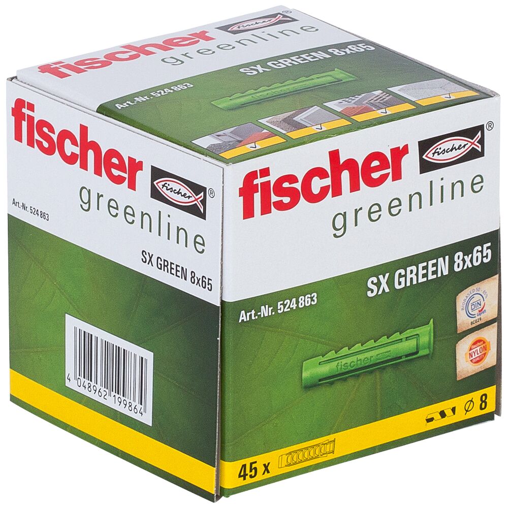 Дюбель SX Green 8x65 Fischer 524863 c увеличенной глубиной анкеровки, зелёный нейлон, 45 шт - фото