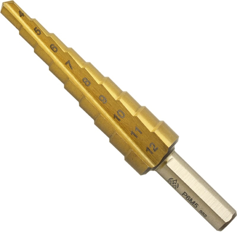 Сверло по металлу ступенчатое 4-12 мм Р6М5 TiN Волжский инструмент 5038002, в пластиковой упаковке - фото