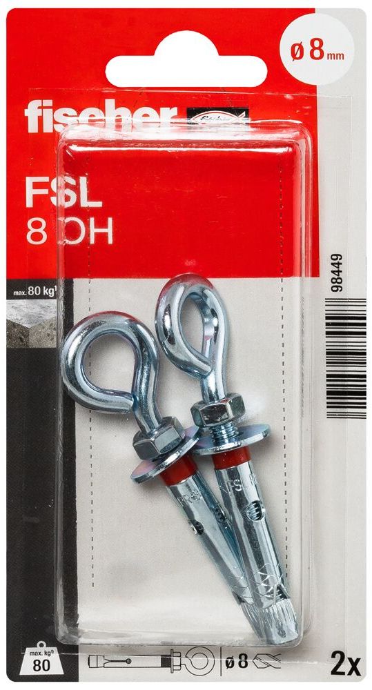 Анкер втулочный с проушиной Fischer FSL OH K, оцинкованная сталь, 2 штуки в блистере - фото