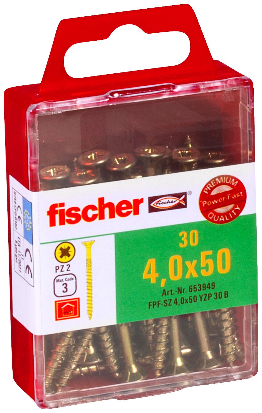 Саморез потай 4х50 мм Fischer FPF-SZ YZP 653949, неполная резьба, желтый цинк (30 шт) - фото