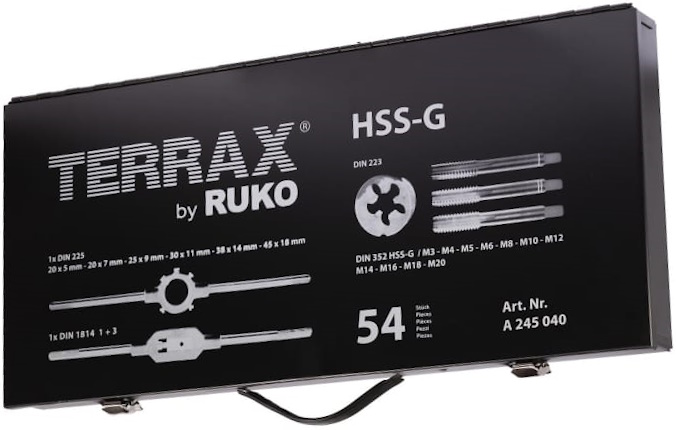 Набор метчиков и плашек М3-20 HSS-G Terrax by Ruko A245040, метрическая резьба, 54 предмета - фото