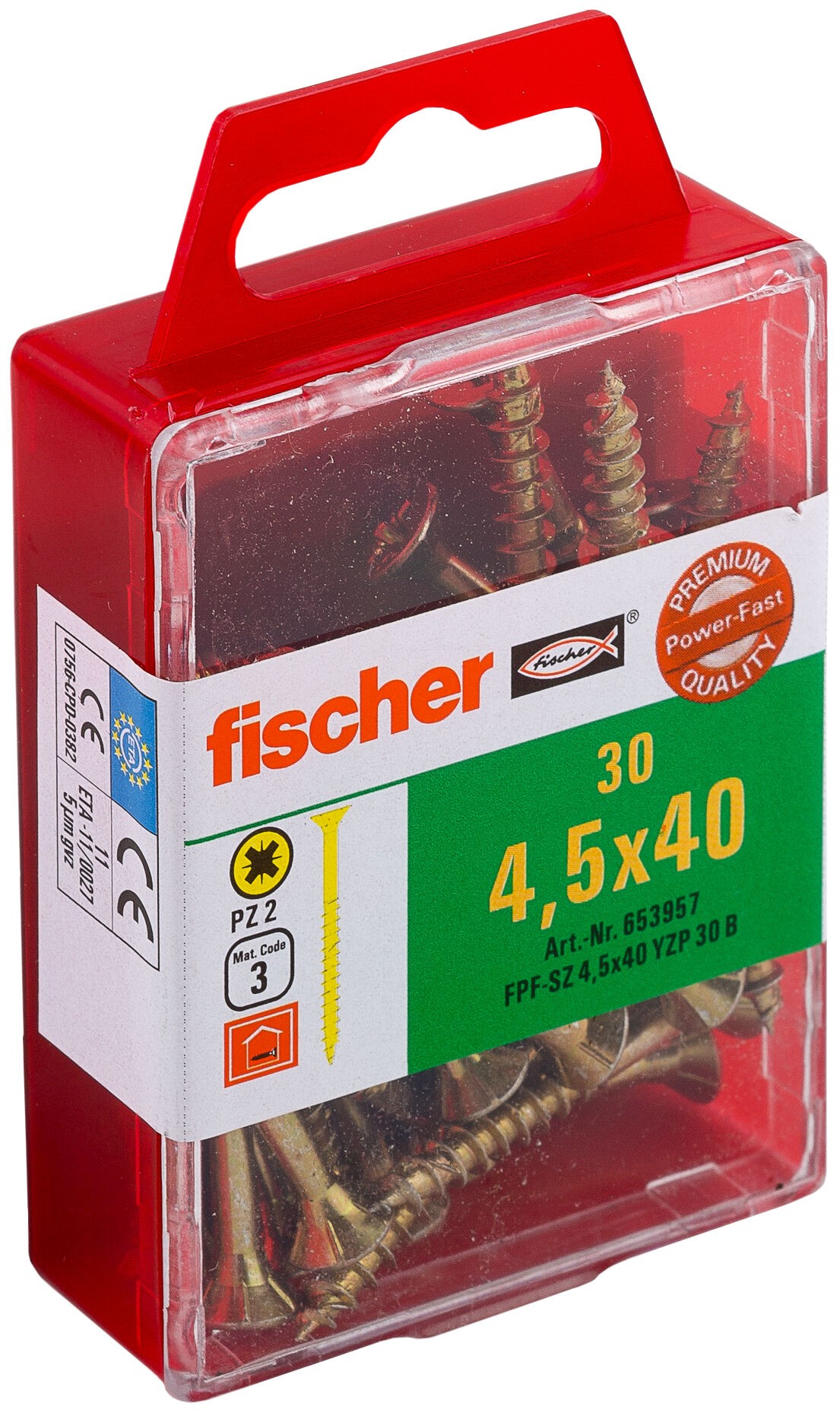 Саморез потай 4,5х40 мм Fischer FPF-SZ YZP 653957, полная резьба, желтый цинк (30 шт) - фото