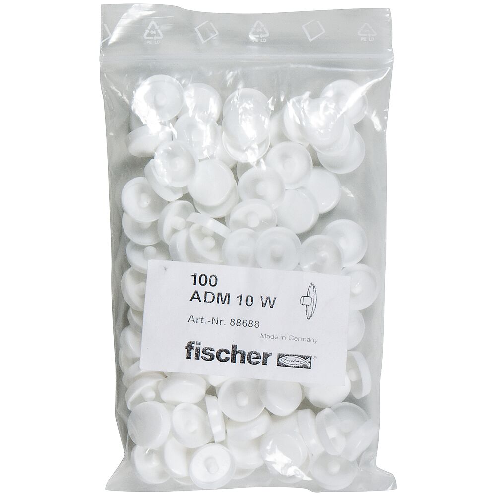 Декоративный колпачок ADM 10 W Fischer для рамного дюбеля 88688, белый - фото