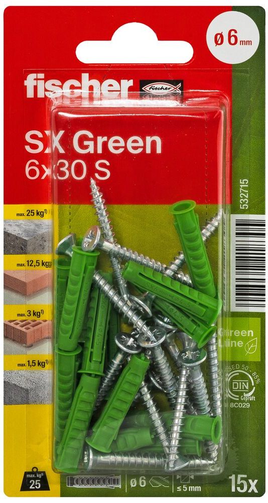 Дюбель SX Green 6x30 S Fischer 532715 с кромкой и потайным шурупом, зелёный нейлон, 15 шт в блистере - фото