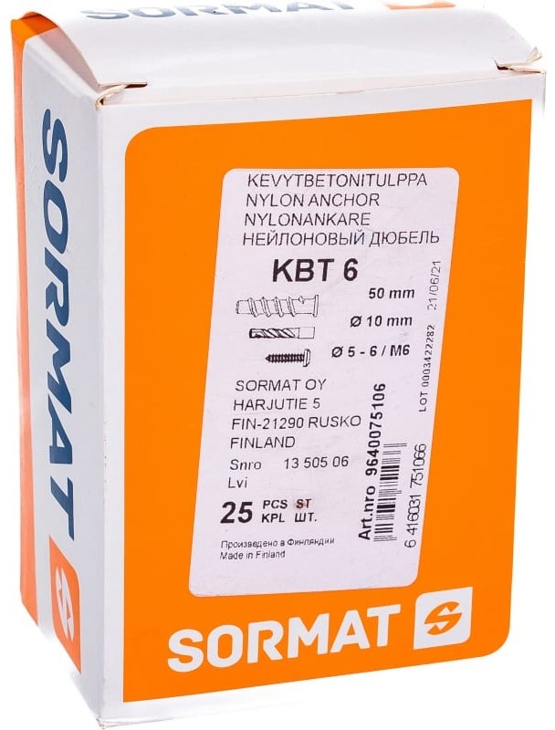 Дюбель для газобетона KBT 6 Sormat 9640075106, полиамид, 25 штук - фото
