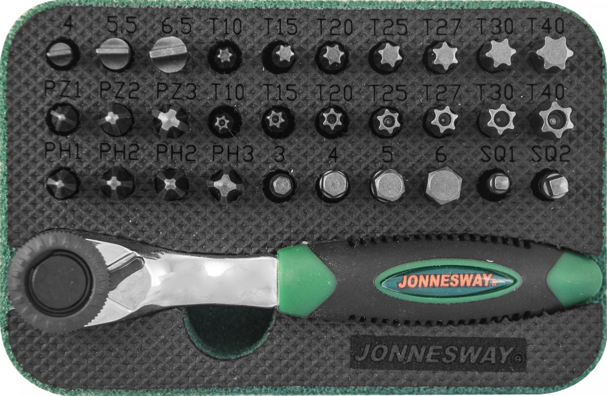 Набор миниатюрная трещоточная рукоятка 1/4"DR, 60 зубцов, со вставками битами Jonnesway RD01032S, 32 предмета - фото