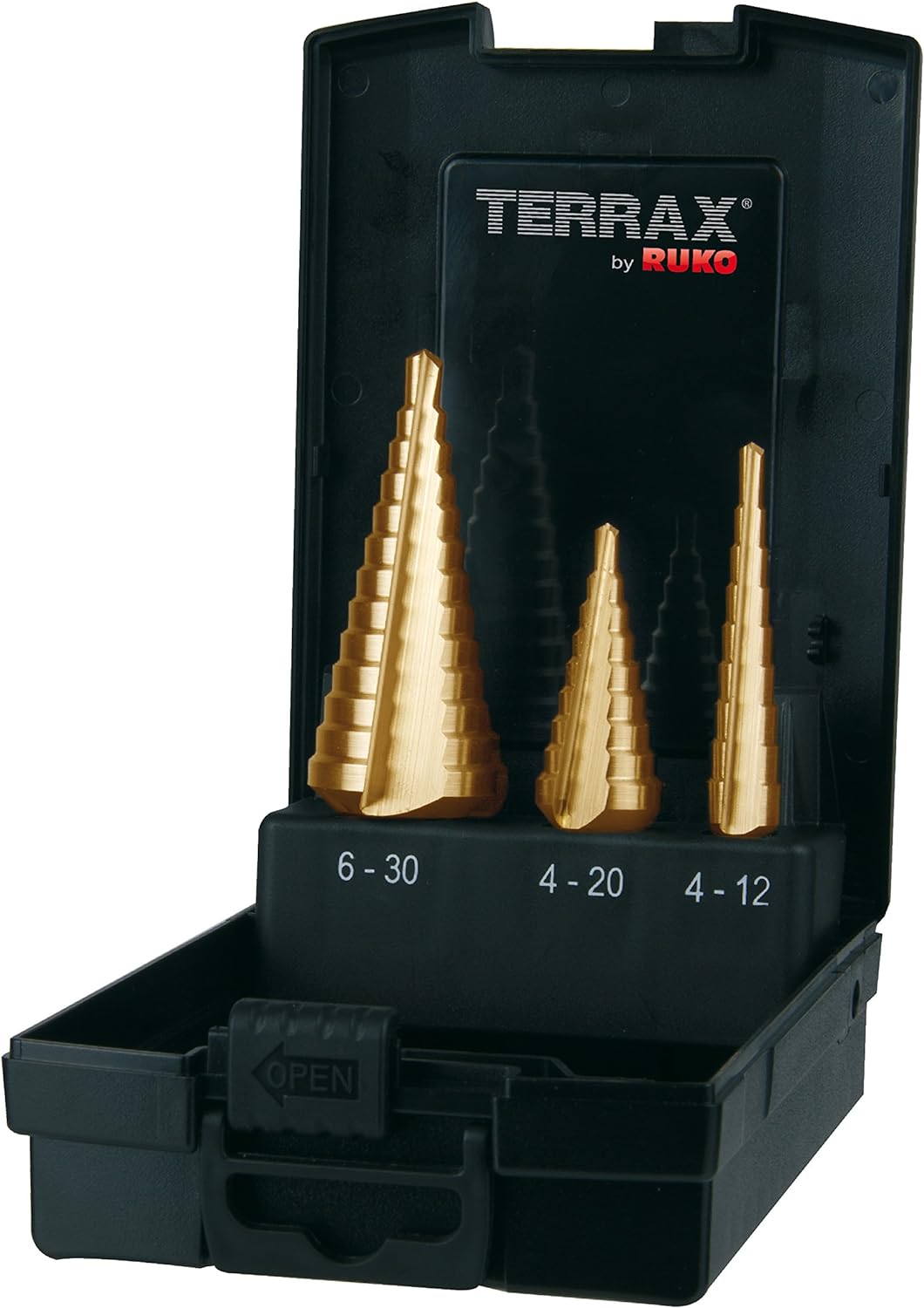 Набор из 3-х ступенчатых сверл 4-12/4-20/6-30 мм HSS-TiN Terrax by Ruko A101126TRO