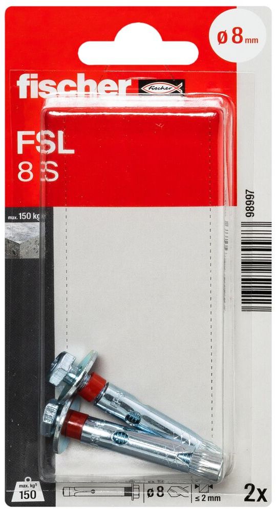 Анкер втулочный FSL 8 SK Fischer 098997, оцинкованная сталь, 2 шт в блистере - фото