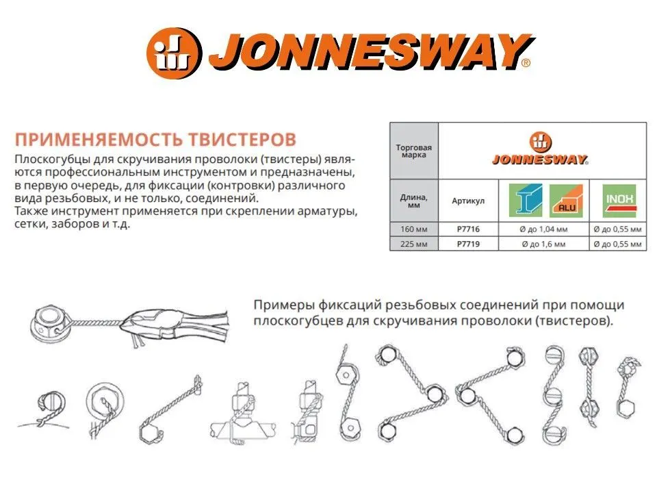 Плоскогубцы для скручивания проволоки (твистеры), 160 мм Jonnesway P7716 - фото
