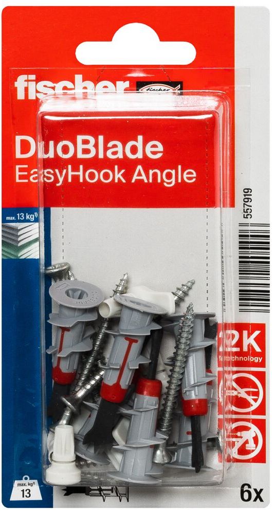 Дюбель для гипсокартона Fischer DuoBlade 557919, с винтом и угловым крюком EasyHook Angle, 6 шт в блистере - фото