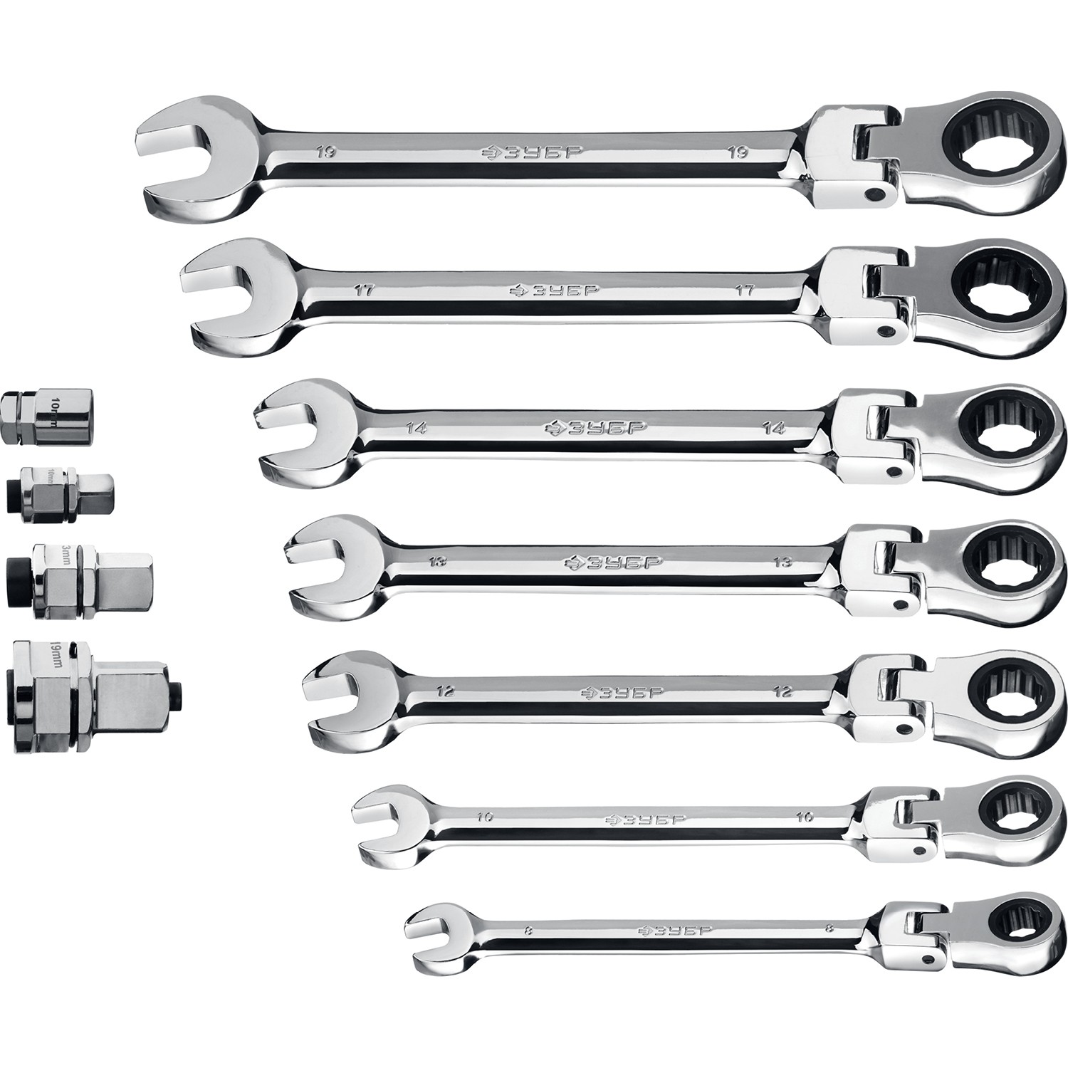 Набор комбинированных трещоточных шарнирных ключей 8-19 мм с адаптерами, ЗУБР 27102-H10, 10 штук - фото