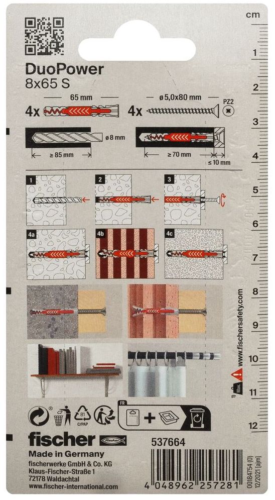 Дюбель 8x65 с шурупом S Fischer DUOPOWER K NV 537664, нейлон, 4 шт в блистере - фото