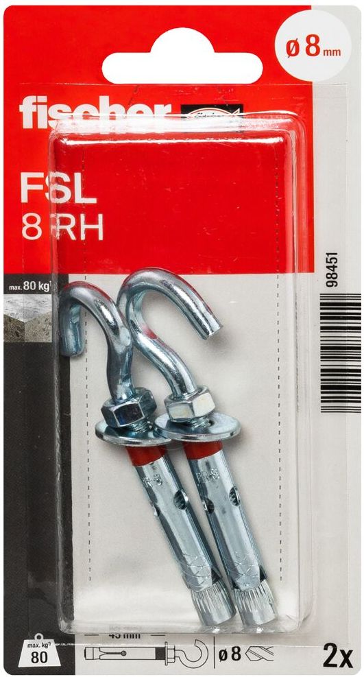 Анкер втулочный с крюком FSL 8 RH K Fischer 098451, оцинкованная сталь, 2 штуки в блистере - фото