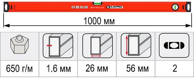 Уровень строительный 1000 мм KAPRO NEPTUNE 977-40-100M - размеры