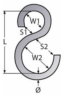 крючок S-образный асимметричный, нержавеющая сталь А4 схема