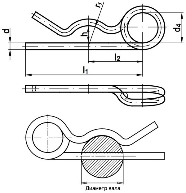 Шплинт пружинный игольчатый с кольцом DIN 11024 - чертеж
