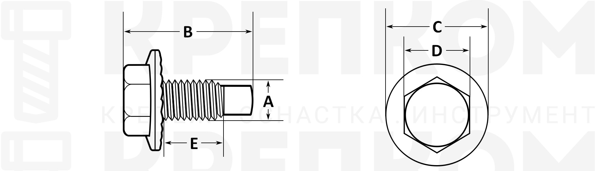 Болт (винт) шестигранный М8 дюймовая резьба с фланцем K2213 - схема, чертеж
