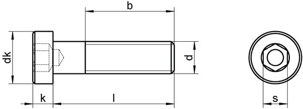 Винт (болт) с внутренним шестигранником и уменьшенной головкой DIN 6912, класс прочности 8.8 - схема