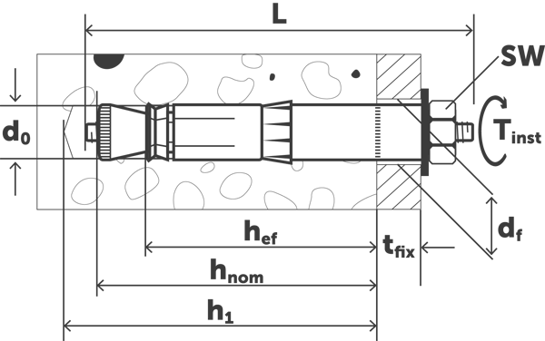 Анкер самоподрезающий с гайкой для высоких нагрузок Sormat BLS - схема, чертеж