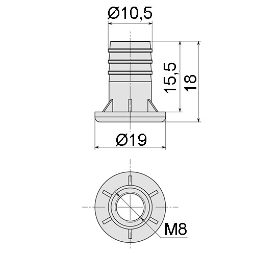 Гайка для ножки мебельной М8, BP02/CH - размеры