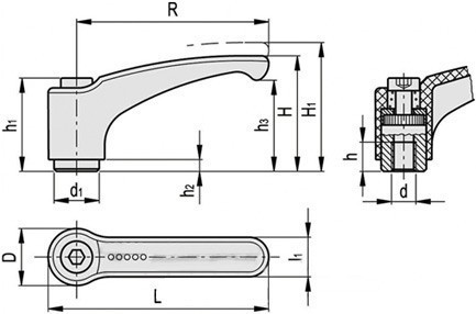 Ручка регулируемая и внутренней резьбой U40 - чертеж, размеры