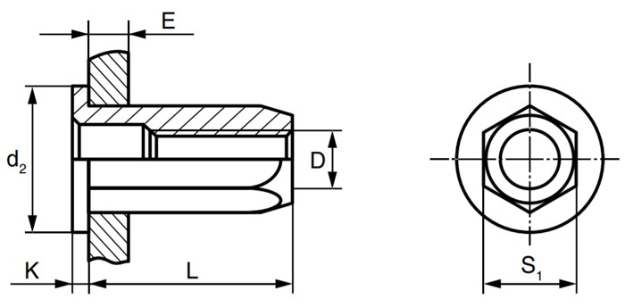Резьбовая заклепка с цилиндрическим бортиком, шестигранная - схема