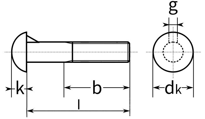 Болт мебельный с полукруглой головкой и усом DIN 607 - схема, чертеж