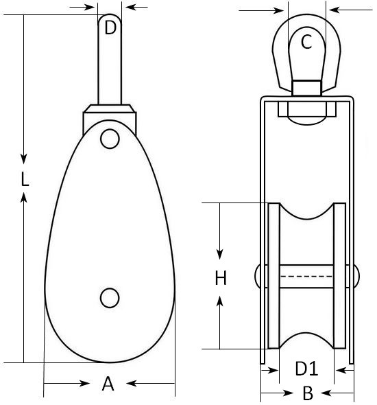 блок такелажный для троса с уменьшенным шкивом 8393 нержавеющая сталь А2 схема