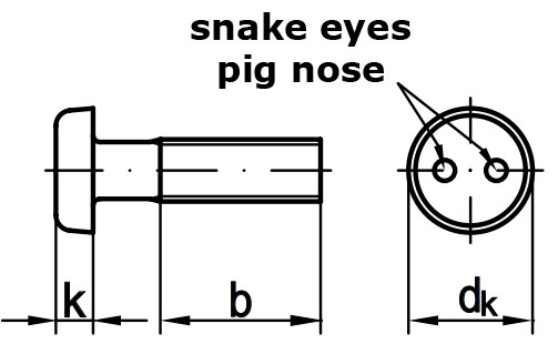 Антивандальный винт с цилиндрической головкой и шлицем "snake eyes / pig nose" (~DIN 85) - чертеж