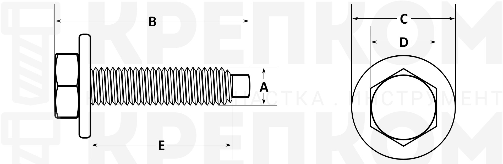 Болт шестигранный М8 K2212 дюймовая резьба с шайбой - схема, чертеж