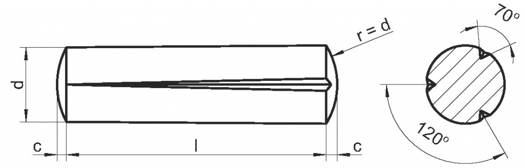 Конический штифт DIN 1471 с тремя насечками - чертеж