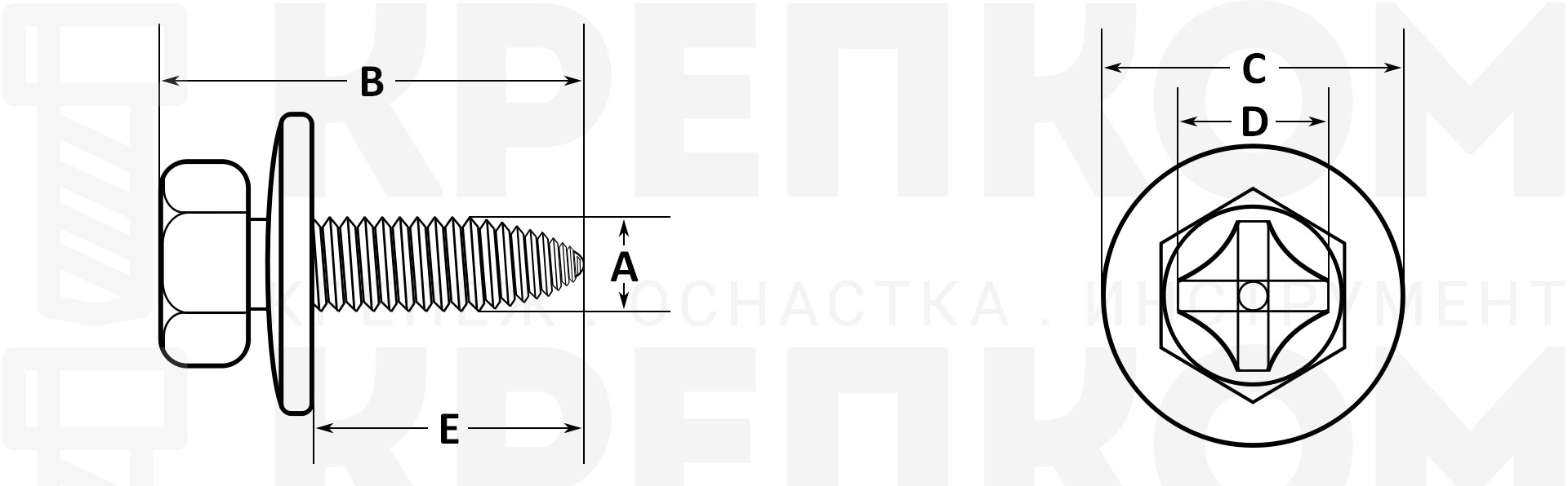 Болт (винт) шестигранный М6х1х20 мм с резьбовой направляющей с шайбой - схема, чертеж