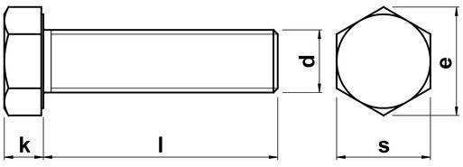 Шестигранный болт с полной мелкой резьбой DIN 961 (ISO 8676) класс прочности 8.8 - схема