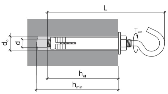 Распорный стальной анкер с потолочным крюком LHS - схема, чертеж