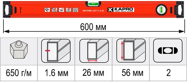 Уровень строительный 600 мм KAPRO NEPTUNE 977-40-60М - размеры