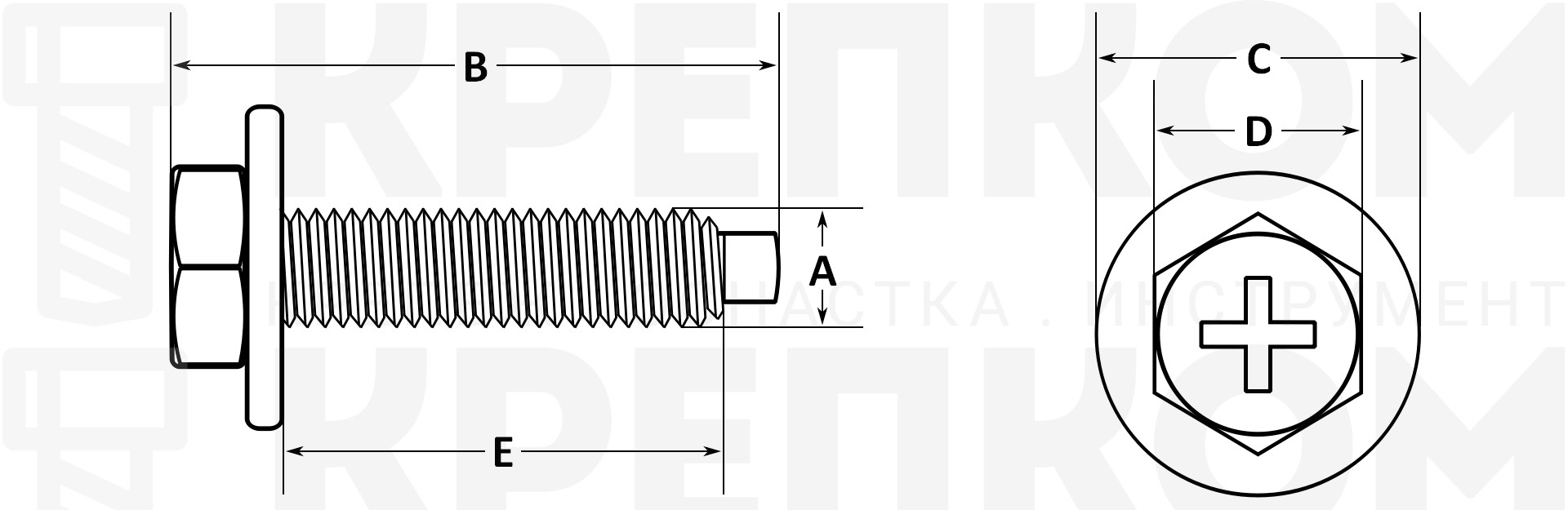 Болт (винт) шестигранный М5х0,8х20 мм с шайбой K2190 - схема, чертеж