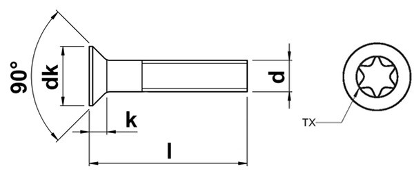 Винт с потайной головкой Torx DIN 965 - схема, чертеж