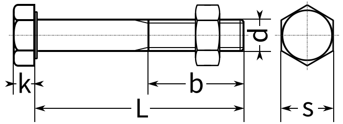 Шестигранный болт с неполной резьбой DIN 601 - чертеж