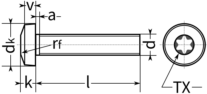 Винт с полукруглой головкой и шлицем TORX ISO 14583 (DIN 7985) - схема